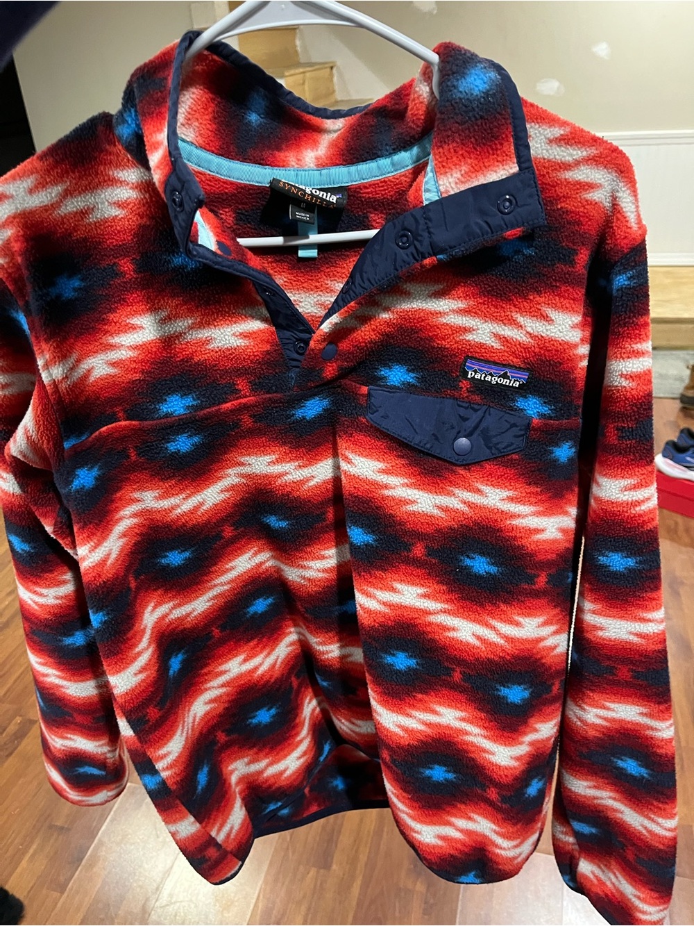 Patagonia Red, Blue & Black Patterned Snap-T Fleece Pullover